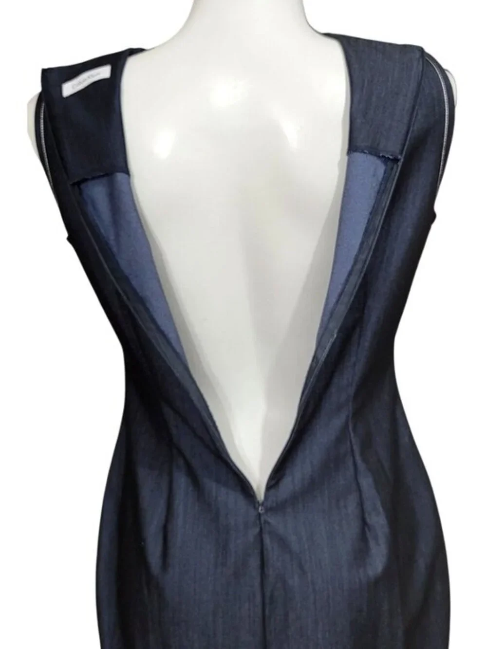 Sleeveless Navy Blue Denim Sheath Dress With White Floral Embroidery Back Zip Cl